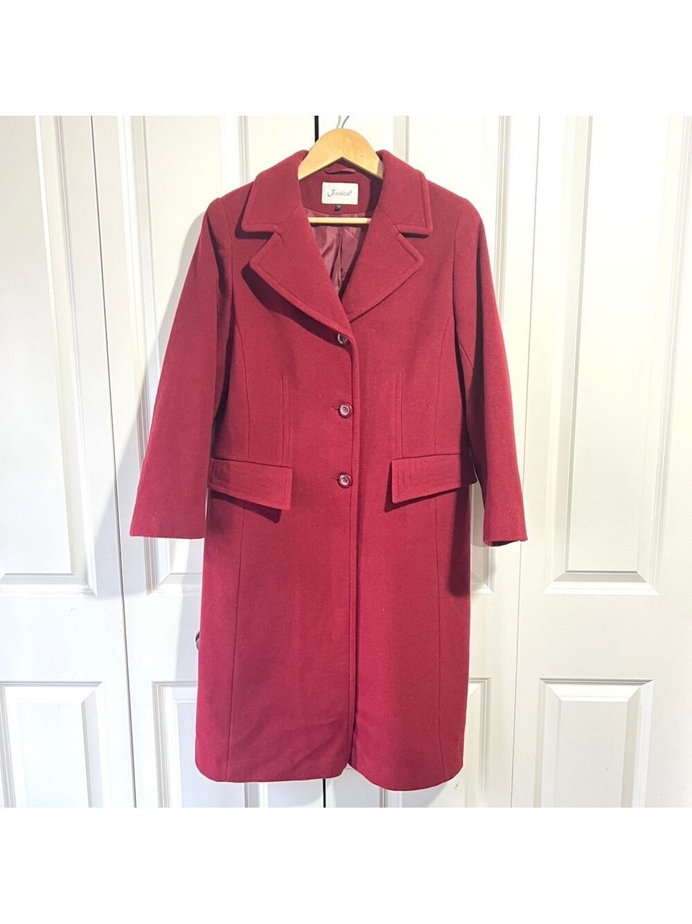 Jessica Mid Length Double Breasted Trench Coat Sz 10 Cranberry Red Wool Cashmere